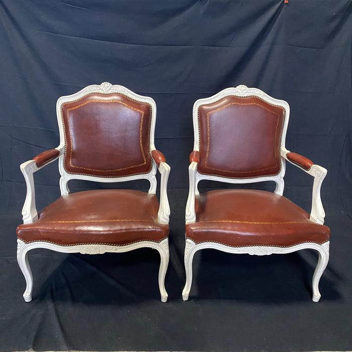 Set of Seven French Louis XV Leather Embossed Armchairs or Fauteuils