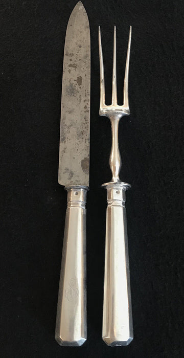 Antique silver serving knife and fork set 