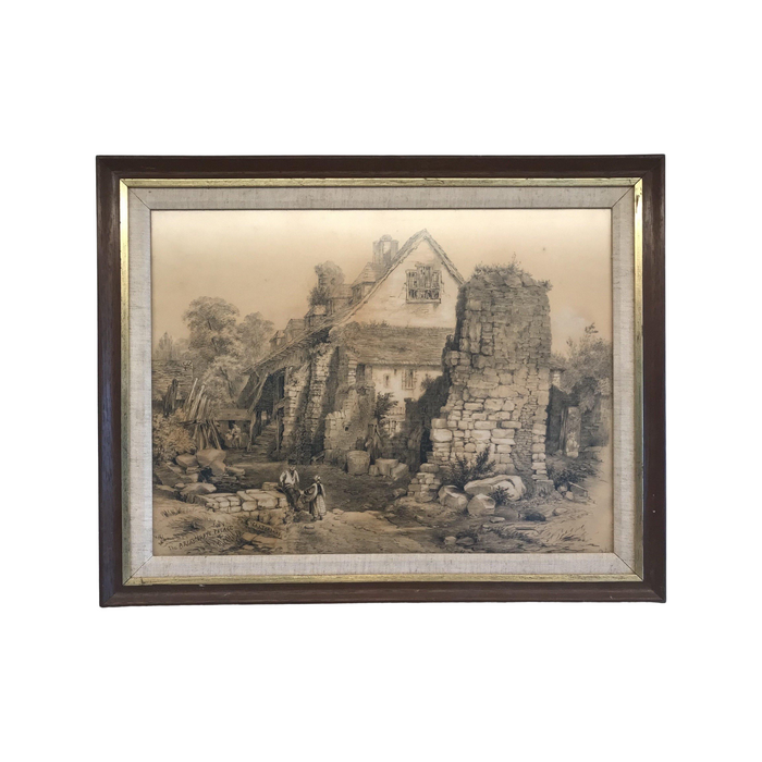 Antique drawing of a house in a wood frame 