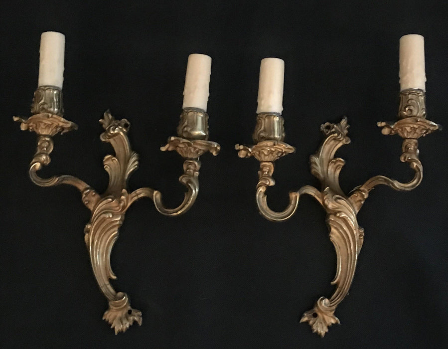 Pair of French Bronze Rococo or Louis XV Style Two-Light Sconces