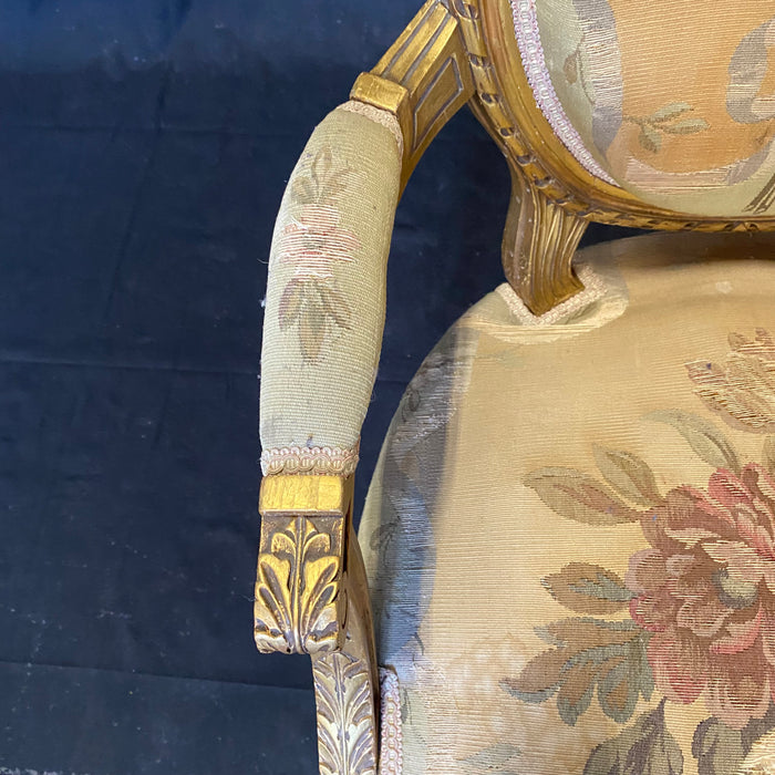 French Early 19th Century Period Set of Two Louis XVI Aubusson Tapestry Armchairs and Matching Sofa or Settee