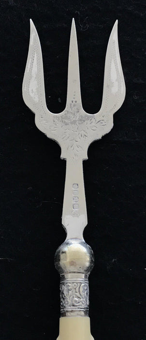 Antique British Bread Fork or Serving Fork with Hallmarks and Carved Twig Handle