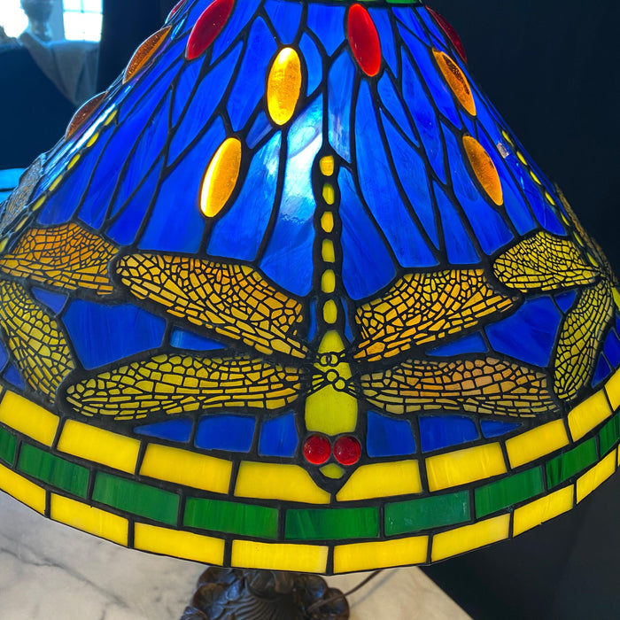 Tiffany Style Art Nouveau Bronze Dragonfly Figural Table Lamp