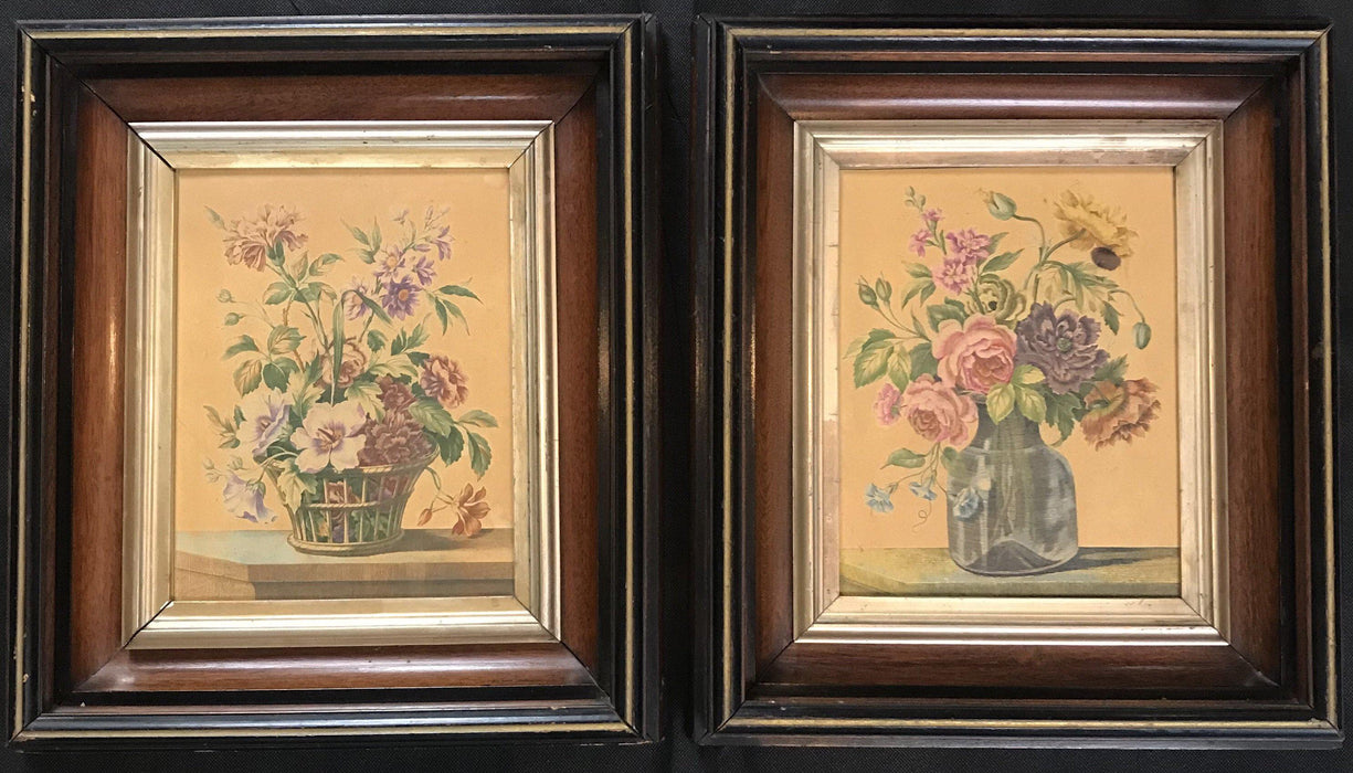 Artwork Pair of Engravings by L. Tessier: Framed Floral Still Life in Matching Frames with Lemon Gold Moldings by L. Tessier