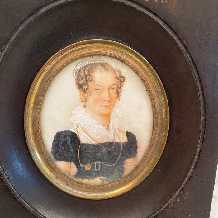 1823 French Miniature oil Primitive Portrait of an Aristocratic Blue Eyed Lady In Ebony Frame