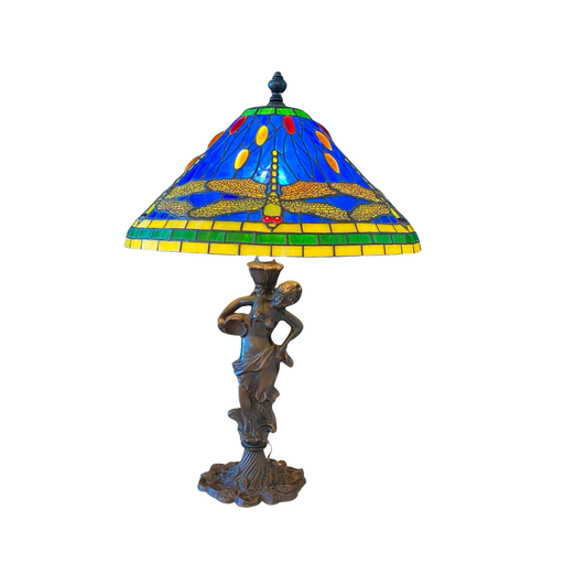 Tiffany Style Art Nouveau Bronze Dragonfly Figural Table Lamp