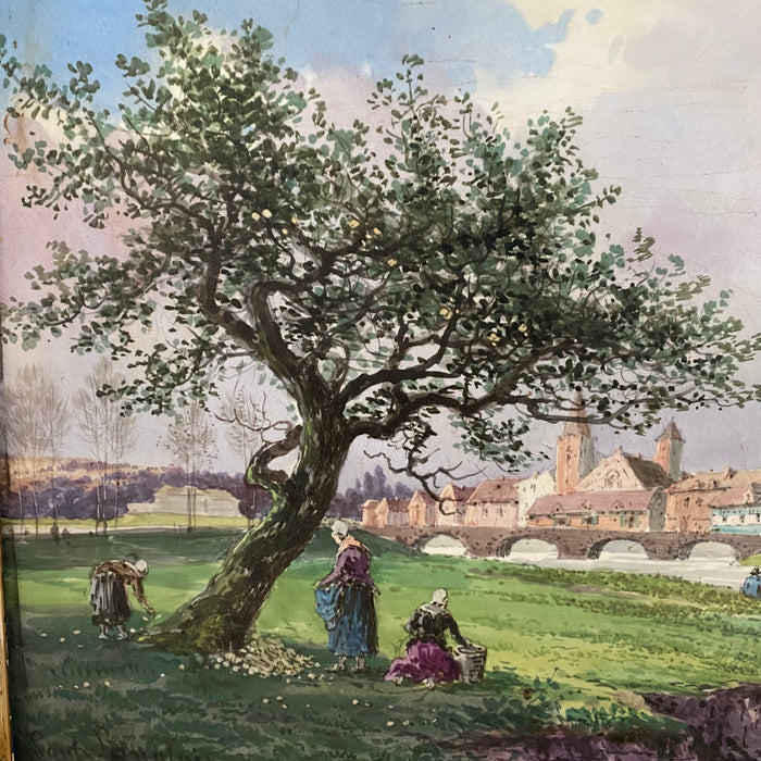 Paul Langlois (1858-1906) French Impressionist Painting on Porcelain: Gathering Apples with Town (Rouen?) in Background