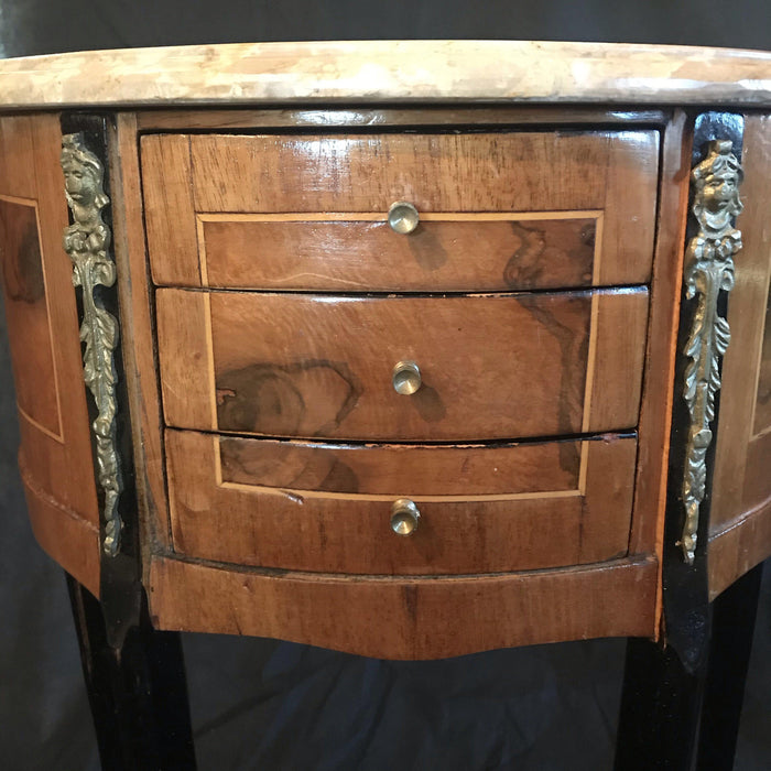Pair of Marble Top French Neoclassical Ebony and Walnut 3-Drawer Nightstands or Side Tables
