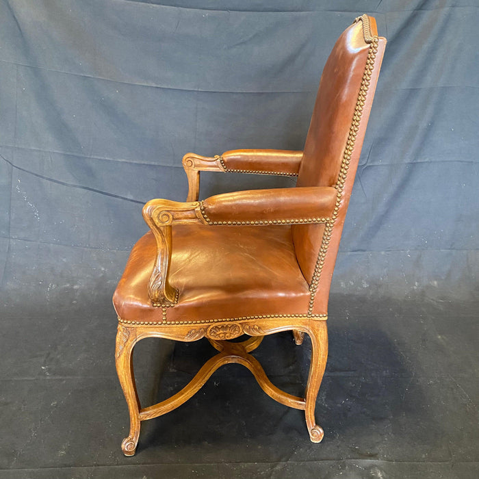 Set of Three French Carved Wood and Leather Bergere Arm Chairs with Nailhead Trim, Mid 20th C