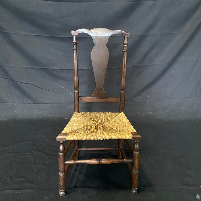 Early American Queen Anne Chair with Rush Seat and Hand Turned Legs and Stretcher