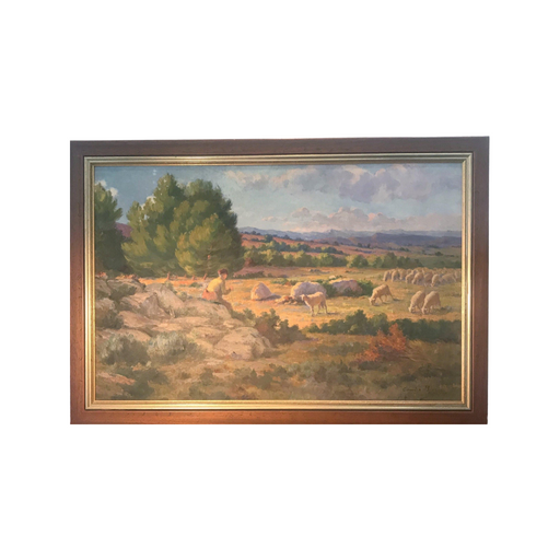 Signed Large French Impressionist Oil Painting Shepherd and Flock of Sheep in Brilliant Colors: Charles Joseph Berges