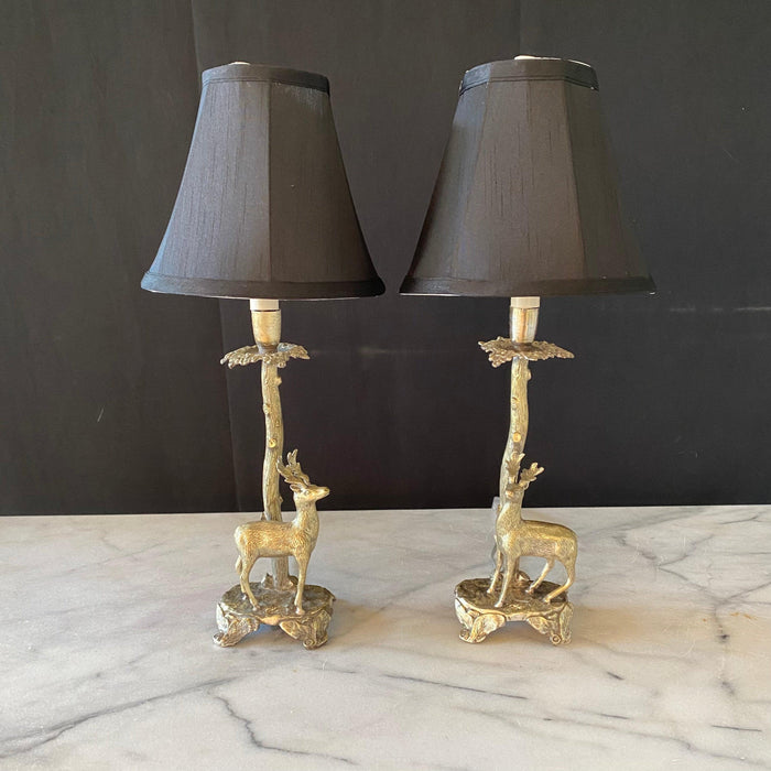 Pair of Silver Plated Bronze Deer Sculpture Table Lamps in the Manner of Valenti