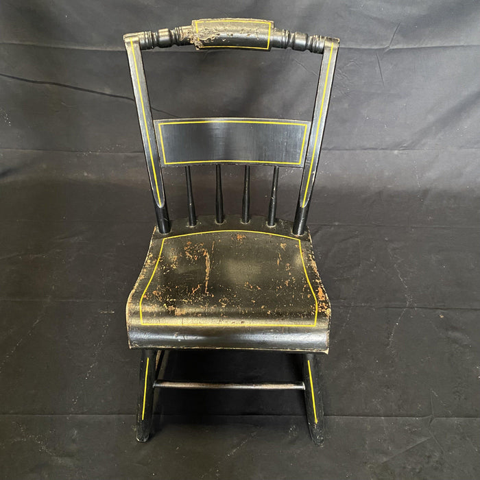 Set of Five 19th Century Plank Seated Chairs from Maine with Original Black Paint with Yellow Striping
