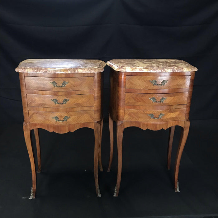 Pair of Louis XV Marble Top Inlaid Walnut and Bronze Nightstands, Bedside Tables or Side Tables
