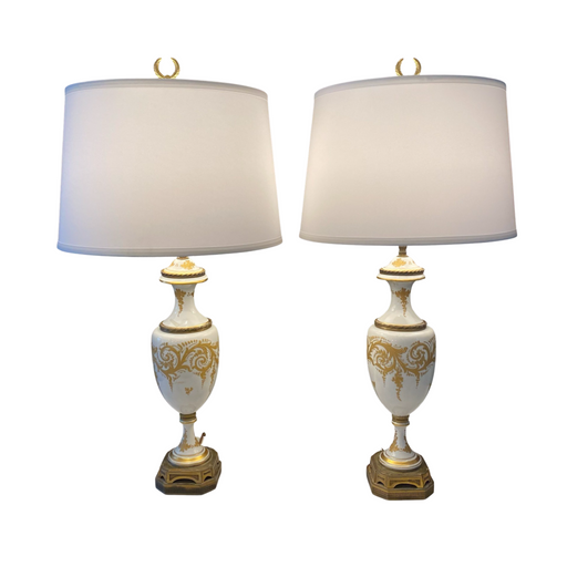 Pair Neoclassical White and Gold Lamps