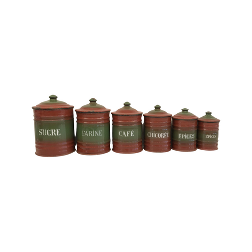 Six Piece French Enamel Kitchen Canister Set Red/Green