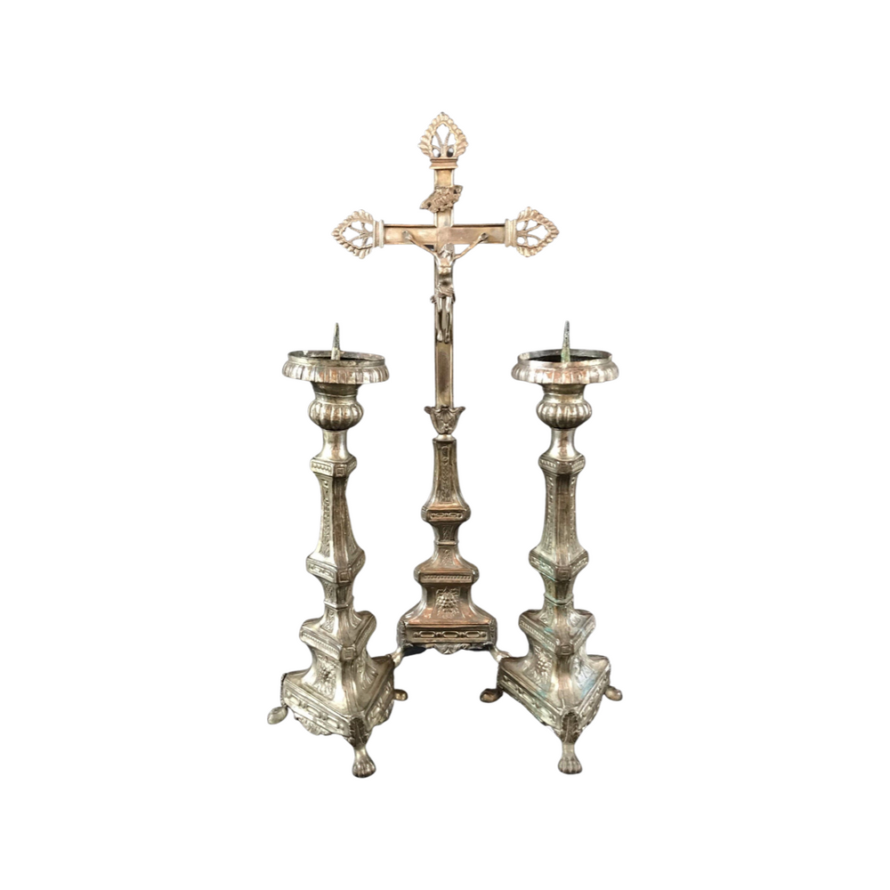 Silver Candle Holders/Candelabra Pair and Crucifixion Cross from the Altar of a Church in France