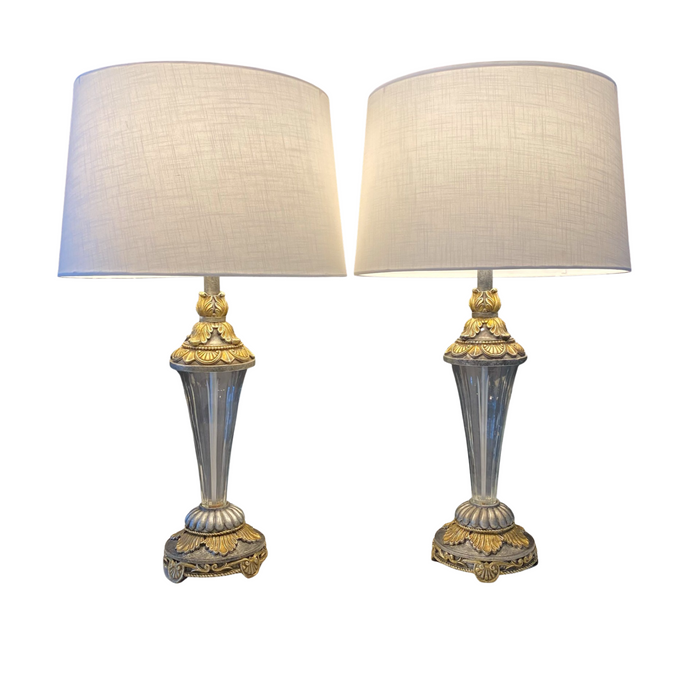 Classic Pair of French Style Neoclassical Bronze and Glass Table Lamps or Entryway Lamps