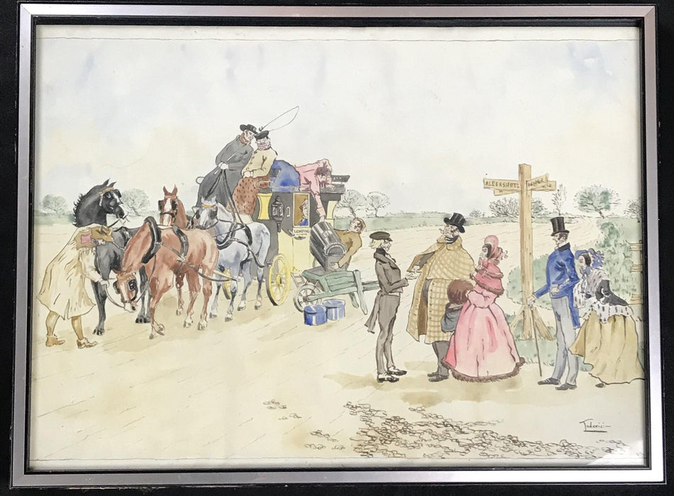 Antique watercolor of people loading luggage onto a horse and carriage 