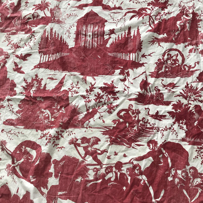 Antique red and white toile fabric bedding 
