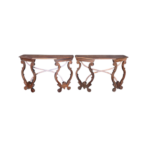 Pair of Italian Baroque Early 18th Century Demilune Walnut Console Tables