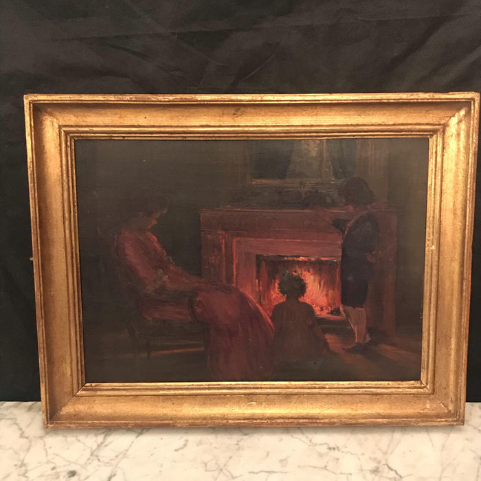 Henri Charles Angeniol (1870-1969) French Oil Painting Fireplace Scene