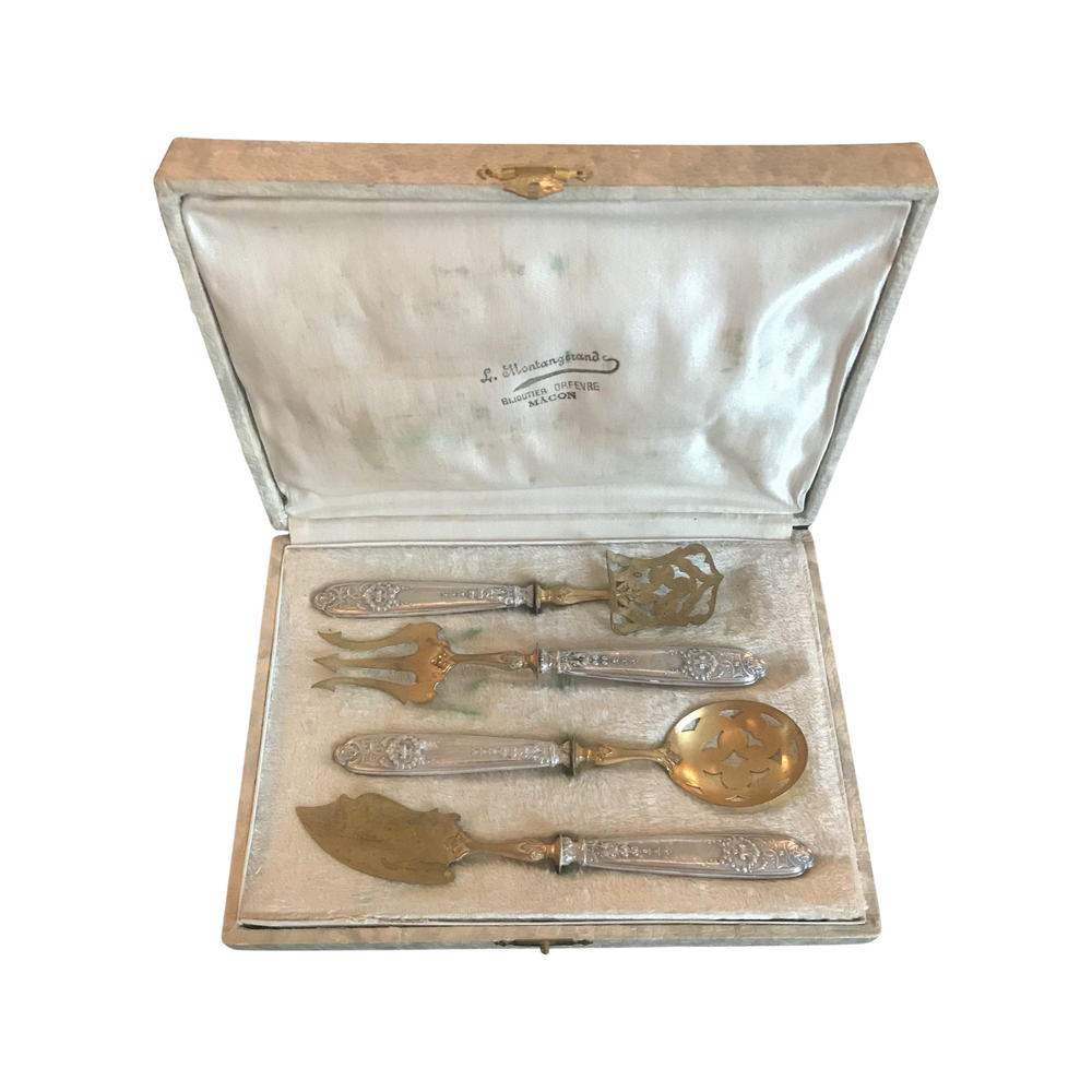 French Silver and Gold Dessert Hors D'oeuvre Set Four Pieces with Box: L. Montangerand, Macon