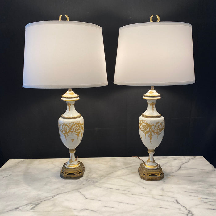 Pair Neoclassical White and Gold Lamps