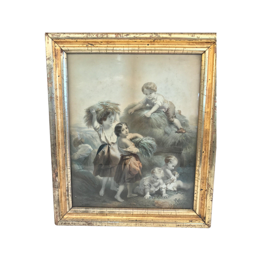 Early French Haying Scene with Children in Lemon Gold Frame