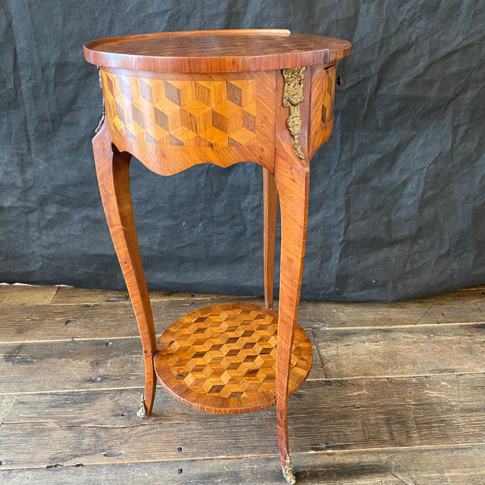 French Louis XVI Bronze Mounted Diamond Parquetry Side Table