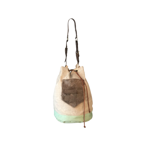 Vintage cream and green tote bag with a fur exterior pocket and a leather strap made from recycled materials 