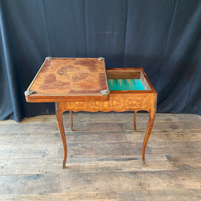 Antique French Louis XV Walnut Marquetry Inlaid Card and Backgammon Table, 19th Century
