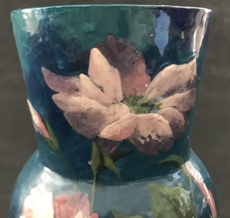 Antique blue painted vase with pink flowers