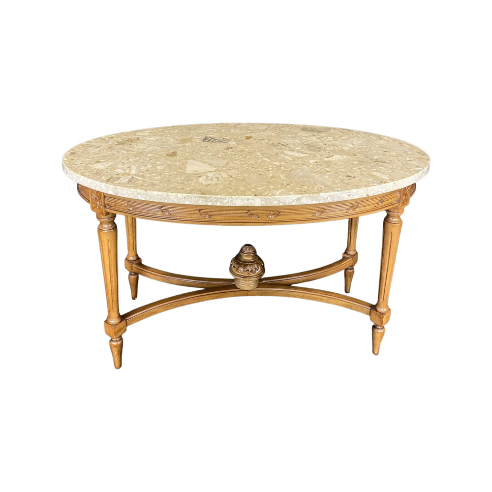 French Louis XVI Style Marble Top Carved Walnut Coffee Table