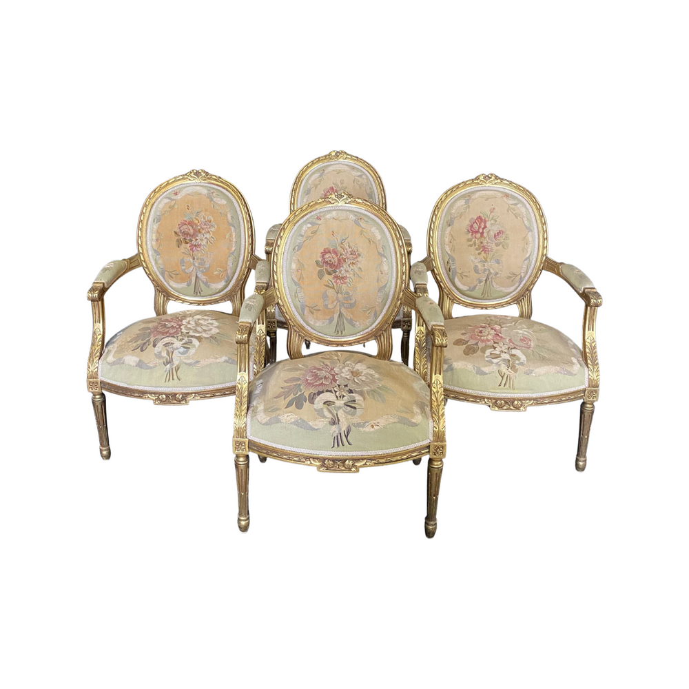 French Early 19th Century Period Set of Four Louis XVI Aubusson Tapestry Armchairs