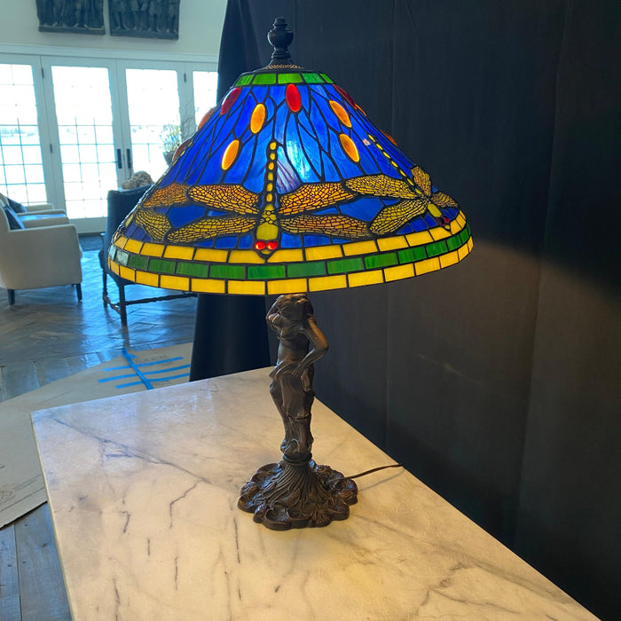Tiffany Style Art Nouveau Bronze Dragonfly Figural Table Lamp