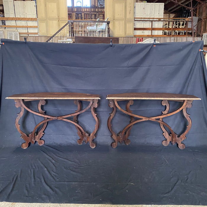 Pair of Italian Baroque Early 18th Century Demilune Walnut Console Tables