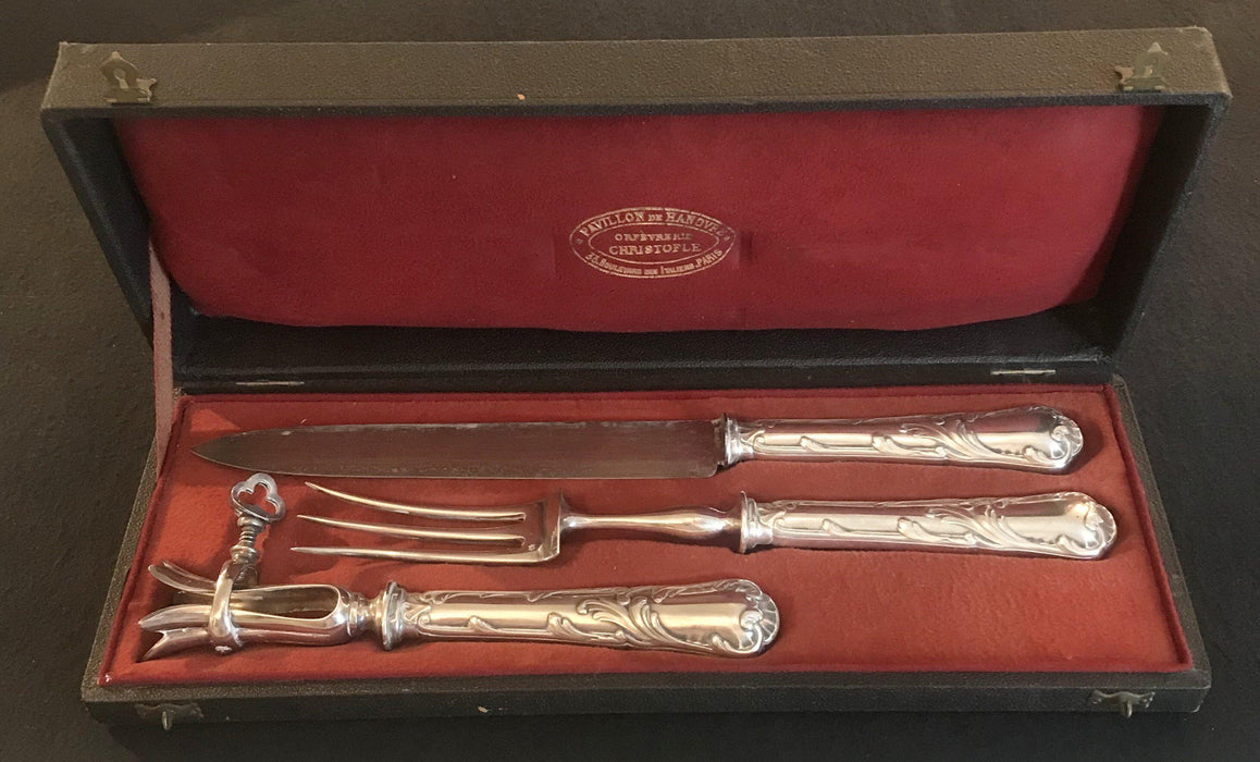 Three Piece Christofle French Meat Serving Set in Original Box for sale