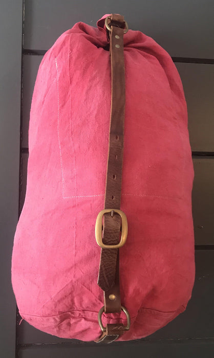 Gorgeous French Red Linen Bag Backpack by London-based Artist leather trim for sale