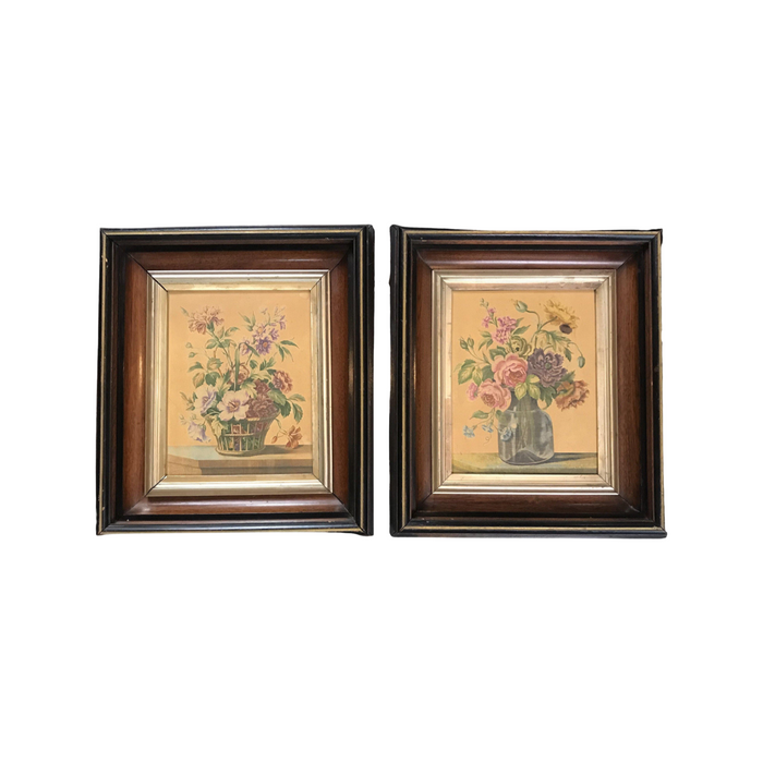 Artwork Pair of Engravings by L. Tessier: Framed Floral Still Life in Matching Frames with Lemon Gold Moldings by L. Tessier