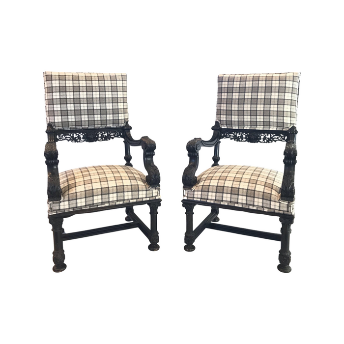 Period Pair of French Intricately Carved Ebony Lion's Head Chairs, Reupholstered in Plaid Flannel From Wales