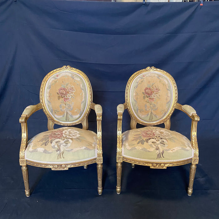 French Early 19th Century Period Set of Two Louis XVI Aubusson Tapestry Armchairs and Matching Sofa or Settee