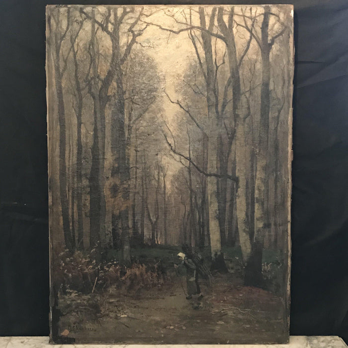 Gathering Wood: Large Antique Impressionist Oil Painting by Listed Artist Carl Skanberg 1850-1883