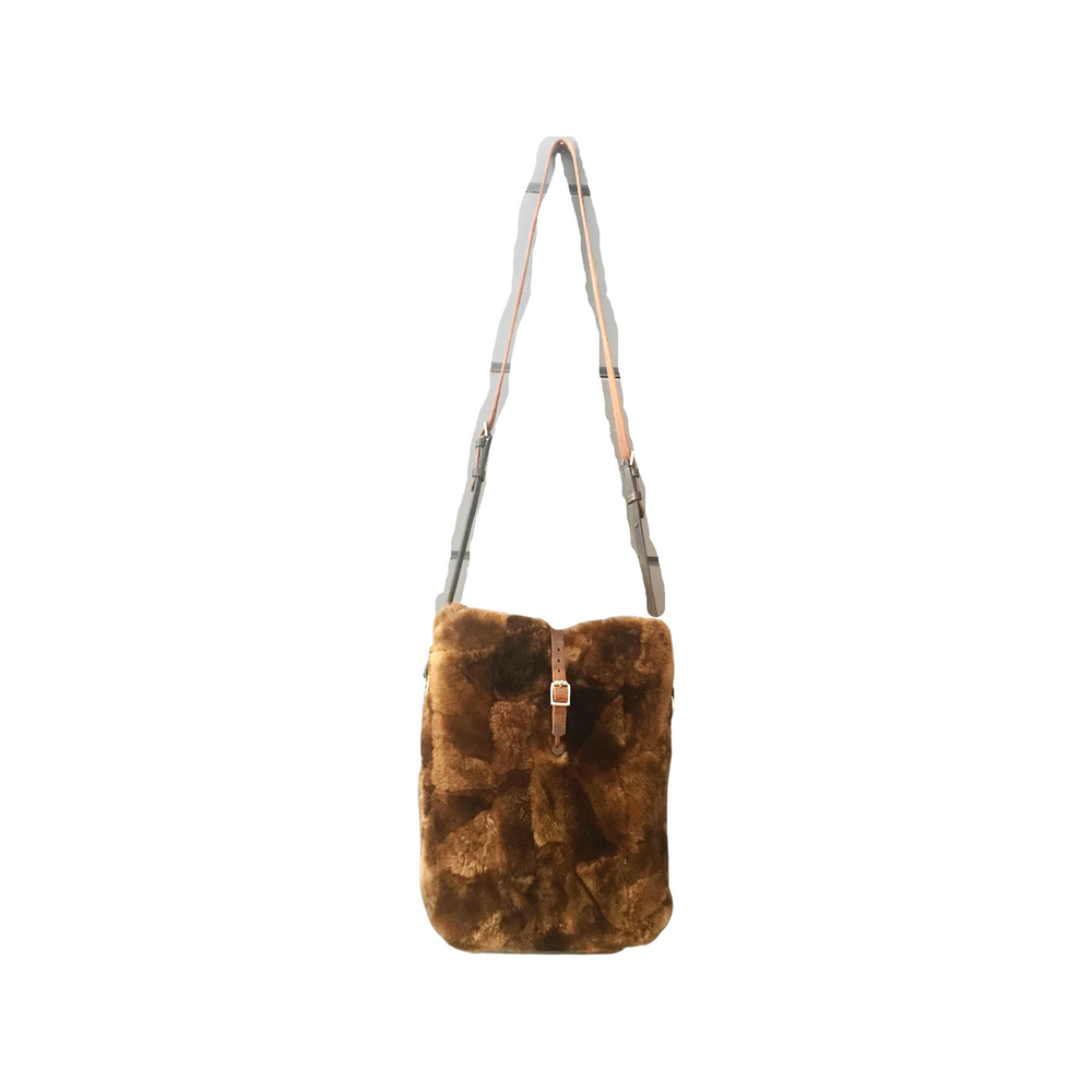 British Sheepskin Fur Purse/Bag with Belgian Postal Wallet Pocket and Quilted Silver Lining with Bridle leather straps