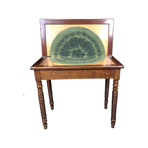 French Provincial Walnut Game Table or Console with Original Circular Patterned Felt