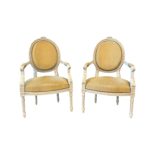 Pair of Classic French Carved Period Louis XVI Painted Arm Chairs or Fauteuils with Original Brass Tacking