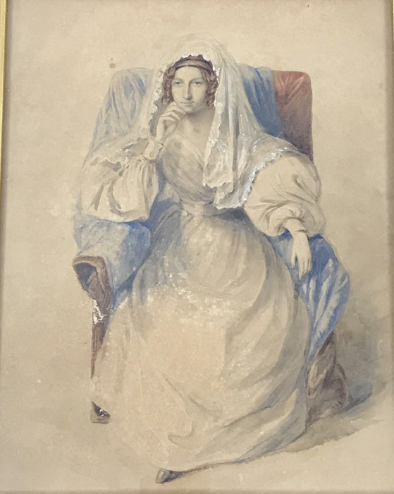 Antique watercolor painting of a women sitting in a chair in a wooden frame