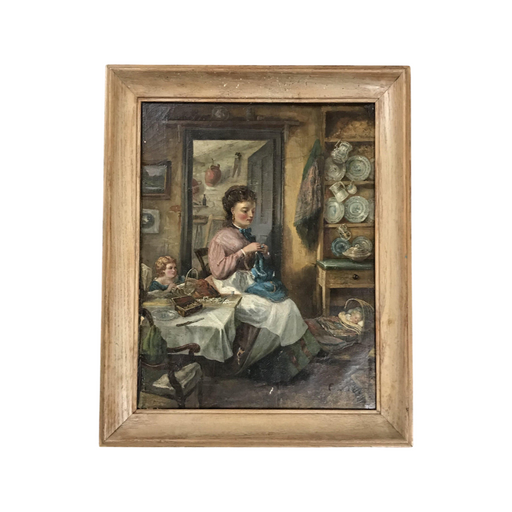 Primitive Oil Painting Domestic Scene, Early 19th Century Signed