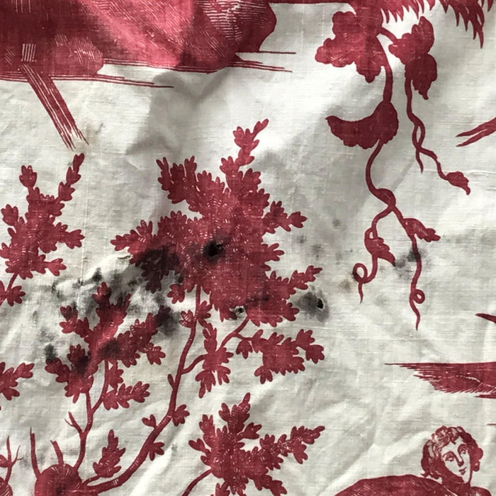 Antique red and white toile fabric bedding 