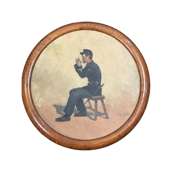 Antique French round oil painting of a military man in a wooden frame